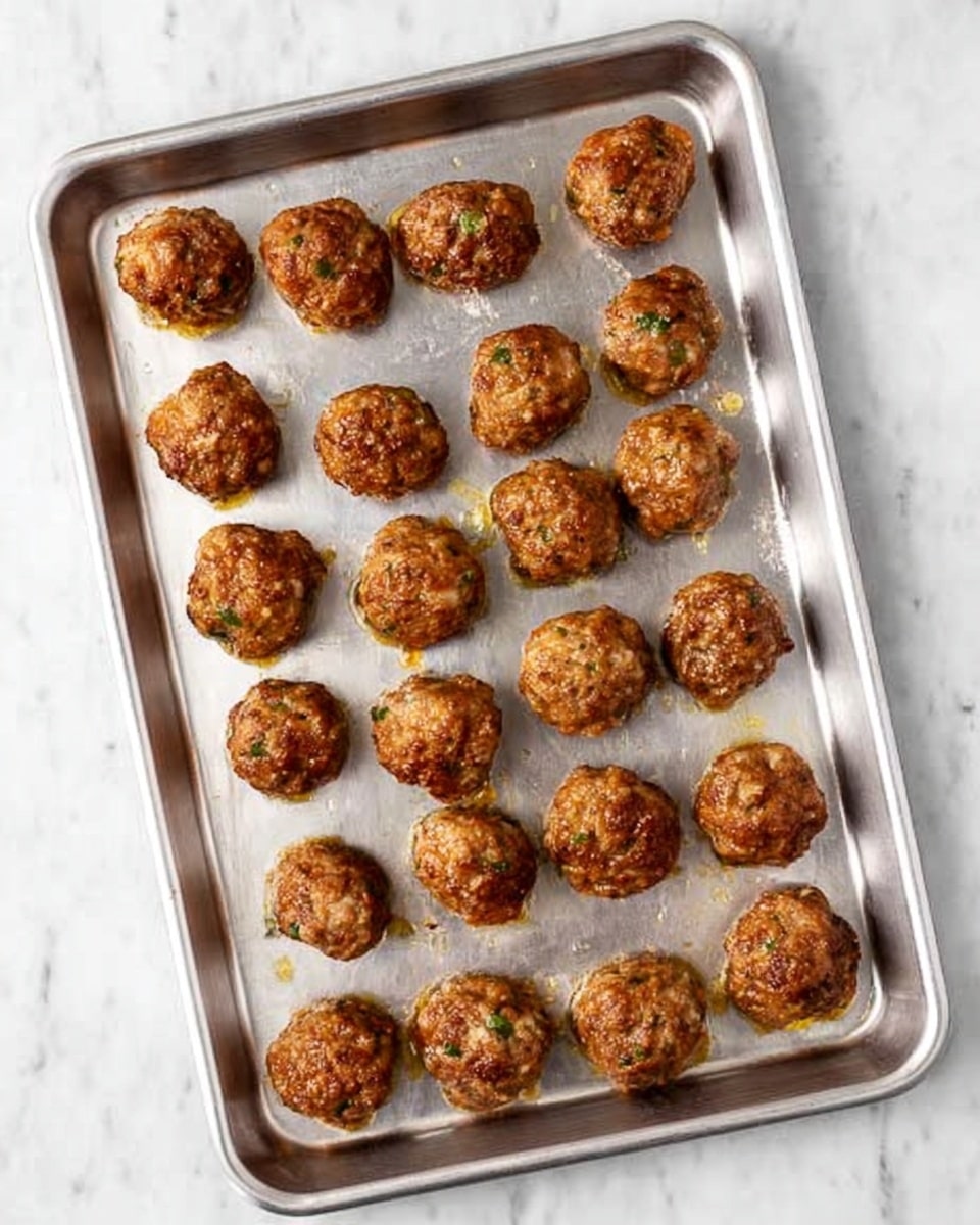 A silver metal baking tray holds 20 small, round, golden brown meatballs with a slightly rough texture spread out in a 4 by 5 grid. The baking tray is placed on a white marbled surface. The meatballs have some green herb bits and small white spots visible in them, showing a cooked and slightly crisp outside. Photo taken with an iphone --ar 4:5 --v 7