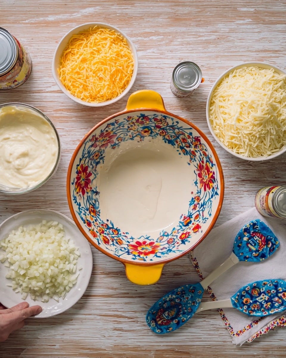 A colorful scene shows a large white bowl with a bright floral rim and a yellow handle in the center on a white marbled surface. Around it are several smaller white bowls and containers: a white bowl filled with shredded orange cheese on the upper left, a small white bowl filled with a creamy white sauce on the right, and another white bowl filled with shredded white cheese on the bottom right. Two cans of creamy sauce are placed near the empty floral bowl. At the bottom left, a woman's hand holds a white plate with chopped white onions. To the right of the empty bowl, a white towel with blue and orange designs holds two blue spatulas with floral patterns. All the items rest on a wooden surface background with the described white marbled texture. Photo taken with an iphone --ar 4:5 --v 7