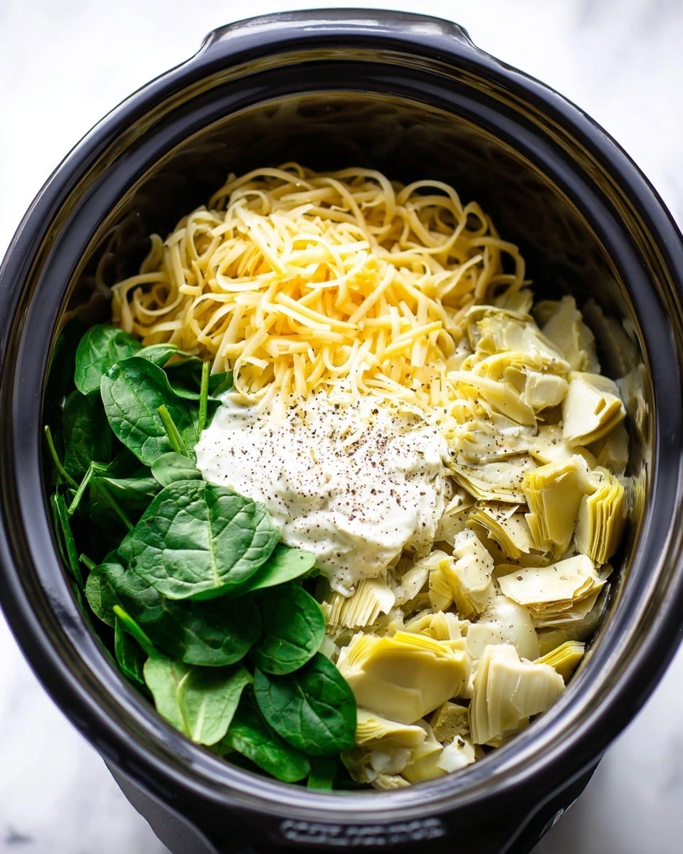 The image shows a slow cooker filled with fresh ingredients layered clearly. At the bottom, there are pale yellow egg noodles loosely arranged, followed by a layer of chopped light green artichoke hearts on the right side. On the left, there is a cluster of fresh dark green spinach leaves adding texture and color. Towards the top, there is a mound of shredded pale yellow cheese sprinkled with coarse black pepper. Next to the cheese, there is a dollop of thick white creamy sauce also topped with ground black pepper, creating contrast in texture. The slow cooker sits on a white marbled surface. Photo taken with an iphone --ar 4:5 --v 7