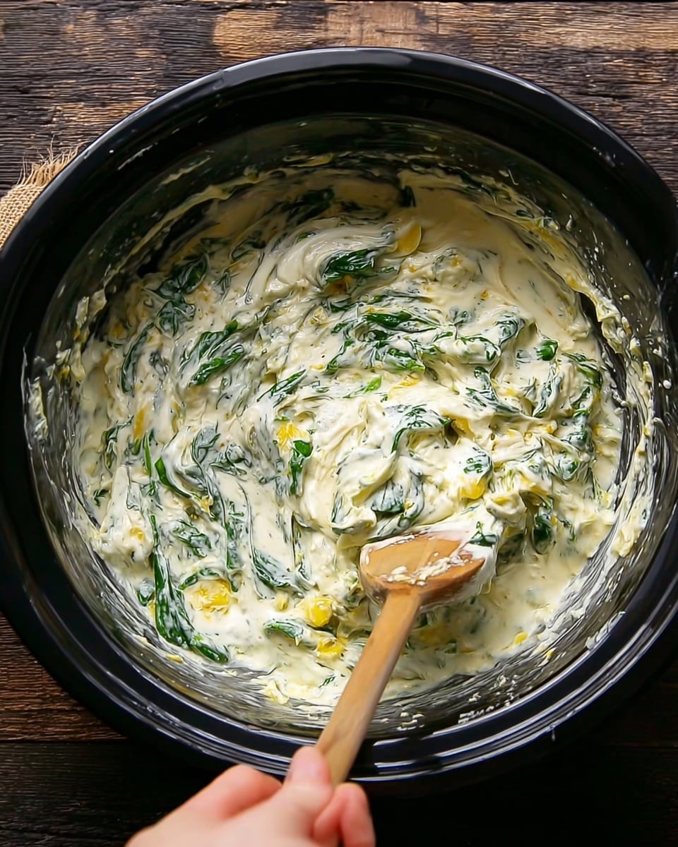 Inside a large black bowl, there is a creamy white mixture with visible green spinach leaves and small yellow chunks, all swirled together with a wooden spoon that has some of the mixture on it. A woman's hand is steadying the bowl on a dark wooden surface. The creamy mixture looks thick and smooth, with the spinach leaves spread evenly and the yellow pieces scattered throughout. The bowl is about halfway full, showing the mix's different textures and colors clearly. Photo taken with an iphone --ar 4:5 --v 7