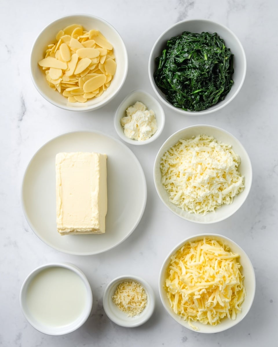 The image shows six white bowls and one white plate arranged on a white marbled surface. The top left bowl holds pale yellow sliced almonds with a smooth texture. To its right is a bowl filled with dark green cooked spinach with a soft, leafy texture. Below the almond bowl, a white plate contains a large rectangular block of cream cheese with a smooth, creamy texture. To the right of the plate is a bowl of finely shredded white cheese, fluffy and light. On the bottom left is a small bowl of white liquid milk, smooth and glossy, next to a tiny bowl with a small pile of minced garlic. Finally, the bottom right bowl contains finely shredded yellow cheese, with a light, soft texture. photo taken with an iphone --ar 4:5 --v 7