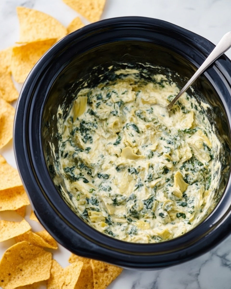 A black crockpot is filled with a creamy spinach and artichoke dip that has a smooth, mixed texture with visible chunks of artichoke and flecks of green spinach throughout. The dip is pale yellow and light green in color. Around the crockpot, there are several pale yellow tortilla chips scattered on a white marbled surface. A silver spoon is partially submerged in the dip, resting inside the crockpot. Photo taken with an iphone --ar 4:5 --v 7