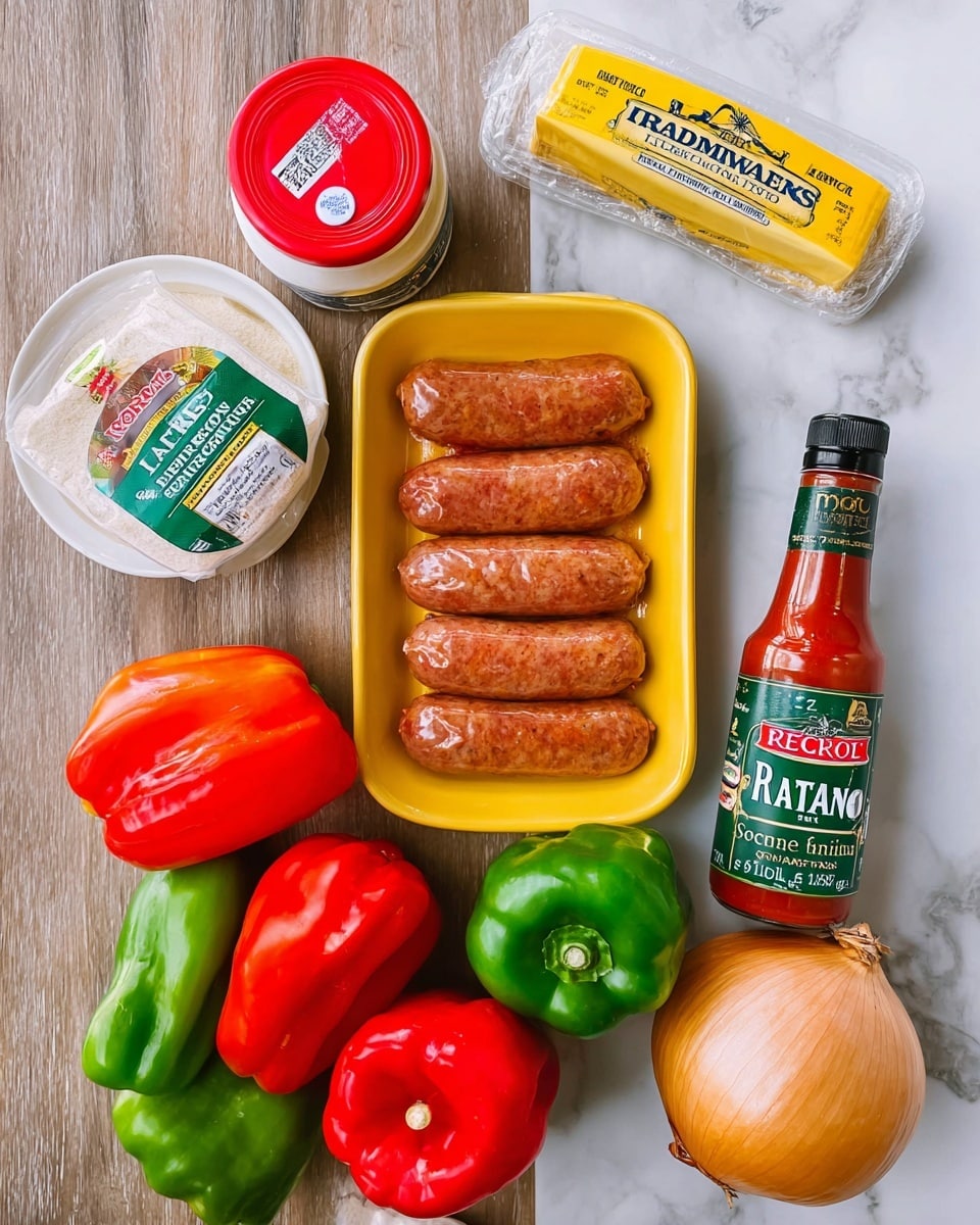 A collection of cooking ingredients is neatly arranged on a white marbled surface, including a clear yellow tray of five Johnsonville Italian sweet sausages at the center, surrounded by fresh green and red bell peppers, and one large whole onion on the right side. At the top left, there is a large container of McCormick garlic powder with a red lid, a white bowl filled with salt and pepper, a stick of Land O Lakes butter wrapped in paper placed horizontally, a bottle of Italian seasoning with a black lid, and a jar of Rao's homemade marinara sauce with a green lid on the right. The overall layout is clean, with each item clearly visible in a well-organized grid style. photo taken with an iphone --ar 4:5 --v 7