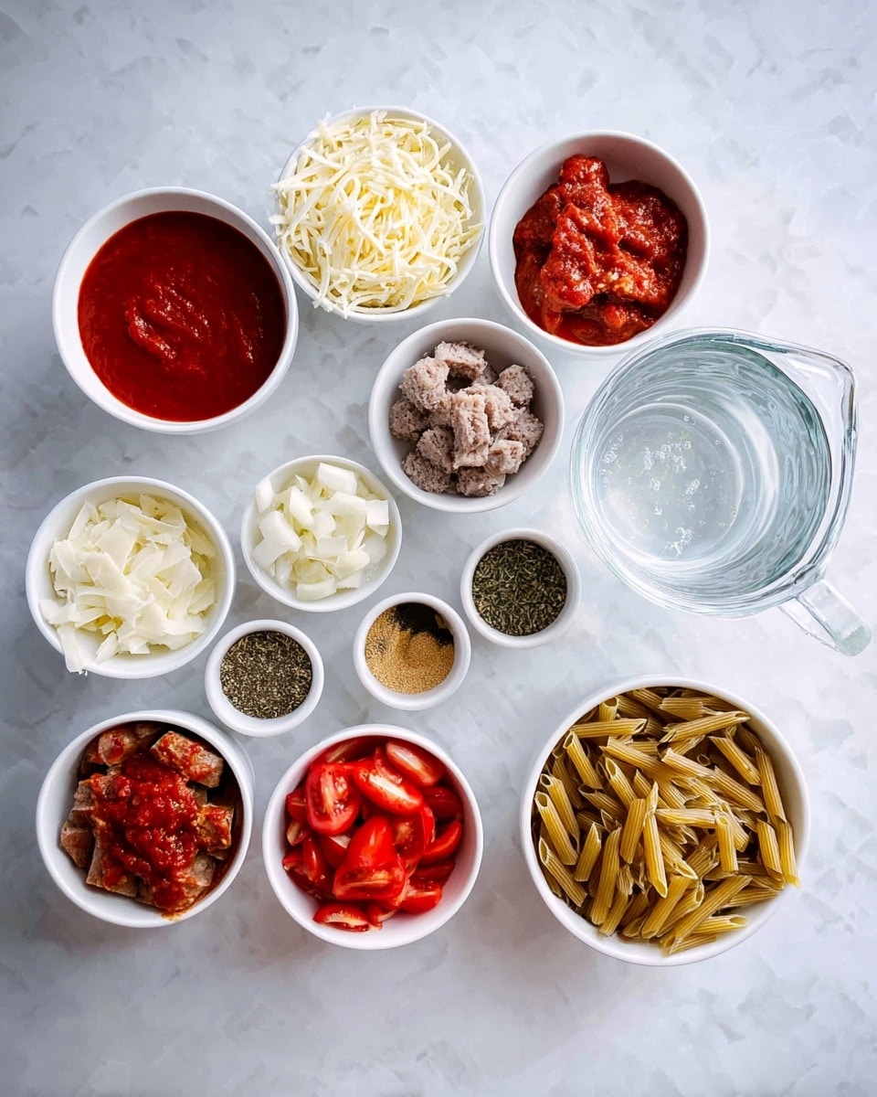 The image shows a top view of ingredients neatly arranged on a white marbled surface. There are 13 small and medium white bowls and a clear glass pitcher with water, placed in a loose circle. The bowls contain deep red tomato sauce, shredded white cheese, uncooked light brown pasta, raw brown sausage pieces, minced white onion, diced red tomatoes, peeled garlic cloves, and a mixture of dried spices in different shades of brown, green, and black. The colors contrast nicely with the white bowls and the light marbled background. photo taken with an iphone --ar 4:5 --v 7