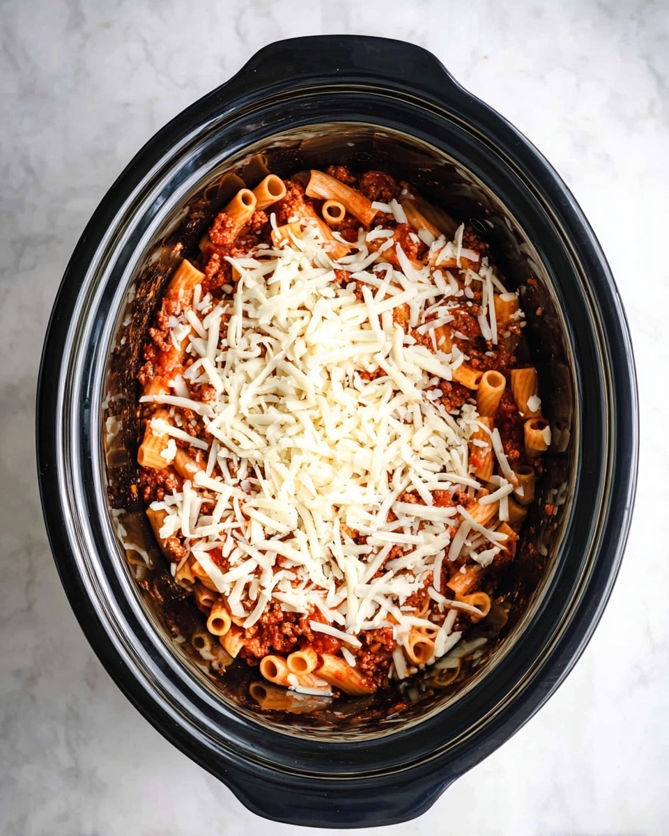 The image shows a black slow cooker filled with a pasta dish. The first layer at the bottom is short tube pasta coated in a red tomato sauce with small bits of ground meat mixed in. The second layer is a generous sprinkle of shredded white cheese spread unevenly on top of the pasta. The slow cooker is placed on a white marbled surface. Photo taken with an iphone --ar 4:5 --v 7