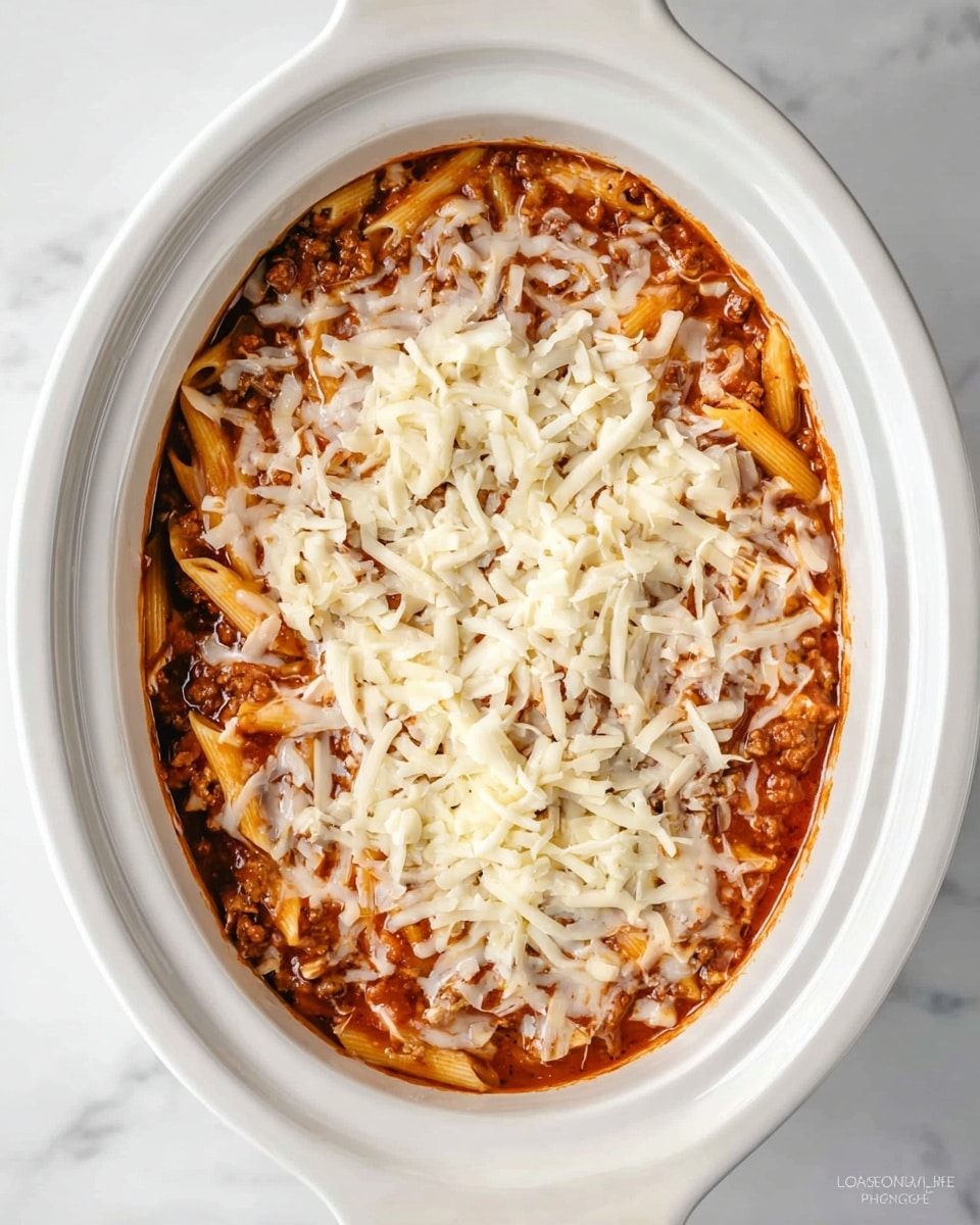 A white oval slow cooker filled with a dish showing two main layers; the bottom layer is a thick tomato sauce with visible penne pasta and small bits of ground meat, colored in rich reddish-brown shades; the top layer is an even spread of fine shredded white cheese melting slightly into the sauce below. The slow cooker rests on a white marbled surface. photo taken with an iphone --ar 4:5 --v 7