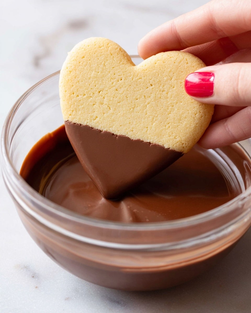 A woman's hand is holding a heart-shaped cookie that is half dipped in smooth, light brown chocolate. The cookie is pale yellow with a slightly grainy texture and no decoration except for a small red heart painted on the woman's nail. The cookie is being dipped into a clear glass bowl filled with melted chocolate. The bowl is resting on a white marbled surface. The scene shows the chocolate's shiny surface with some gentle swirls. Photo taken with an iphone --ar 4:5 --v 7