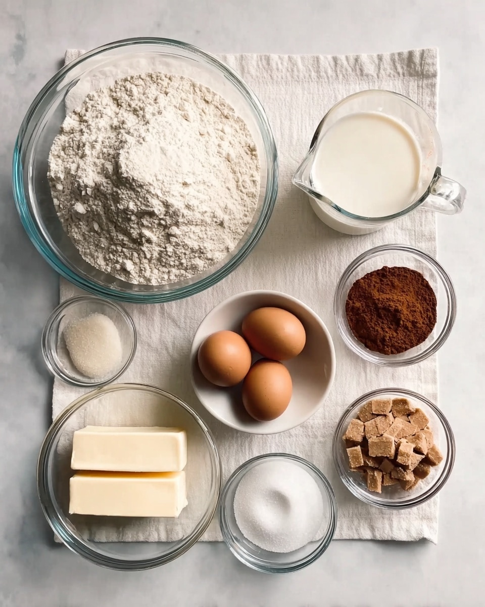 A white marbled surface holds nine containers with baking ingredients arranged neatly. On the left, there is a large clear glass bowl filled with flour that has a woman's hand print in it. Below the bowl are two sticks of unsalted butter placed side by side. In the middle, a small white bowl contains three brown eggs. Above this bowl, a glass measuring cup is filled with milk. To the right, a small clear glass bowl holds packed brown sugar, next to another small clear bowl with white granulated sugar. At the bottom right, there are three small clear bowls in a row: the left holds a small amount of salt, the middle one contains yeast, and the right one has cocoa powder. All bowls and containers are on a soft white cloth background. photo taken with an iphone --ar 4:5 --v 7