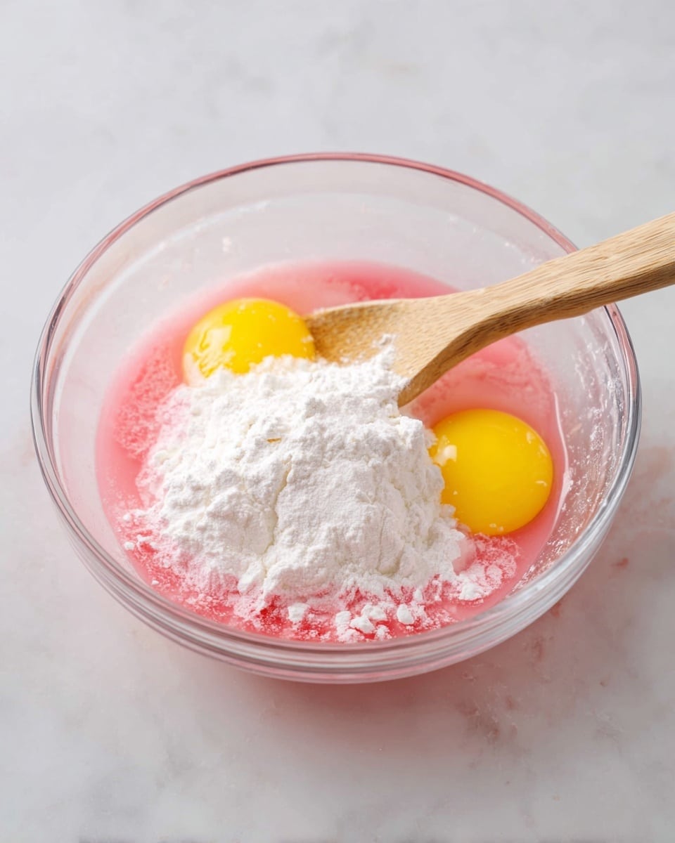A clear glass bowl sits on a white marbled surface, filled with three main layers: a pink liquid base, a mound of white powder in the center, and two bright yellow egg yolks on opposite sides of the powder. A wooden spatula rests inside the bowl, slightly lifting the powder and touching the pink liquid. The bowl and contents are brightly lit, showing the smooth and powdery textures clearly photo taken with an iphone --ar 4:5 --v 7