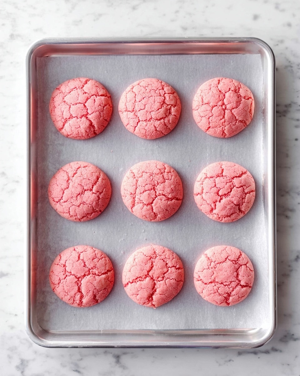 Nine round pink cookies are placed in three rows on a baking tray lined with light gray parchment paper. The cookies have a cracked surface texture and are evenly spaced apart. The baking tray is silver and is set on a white marbled surface. The image highlights the soft, cracked tops of the cookies in natural light. photo taken with an iphone --ar 4:5 --v 7