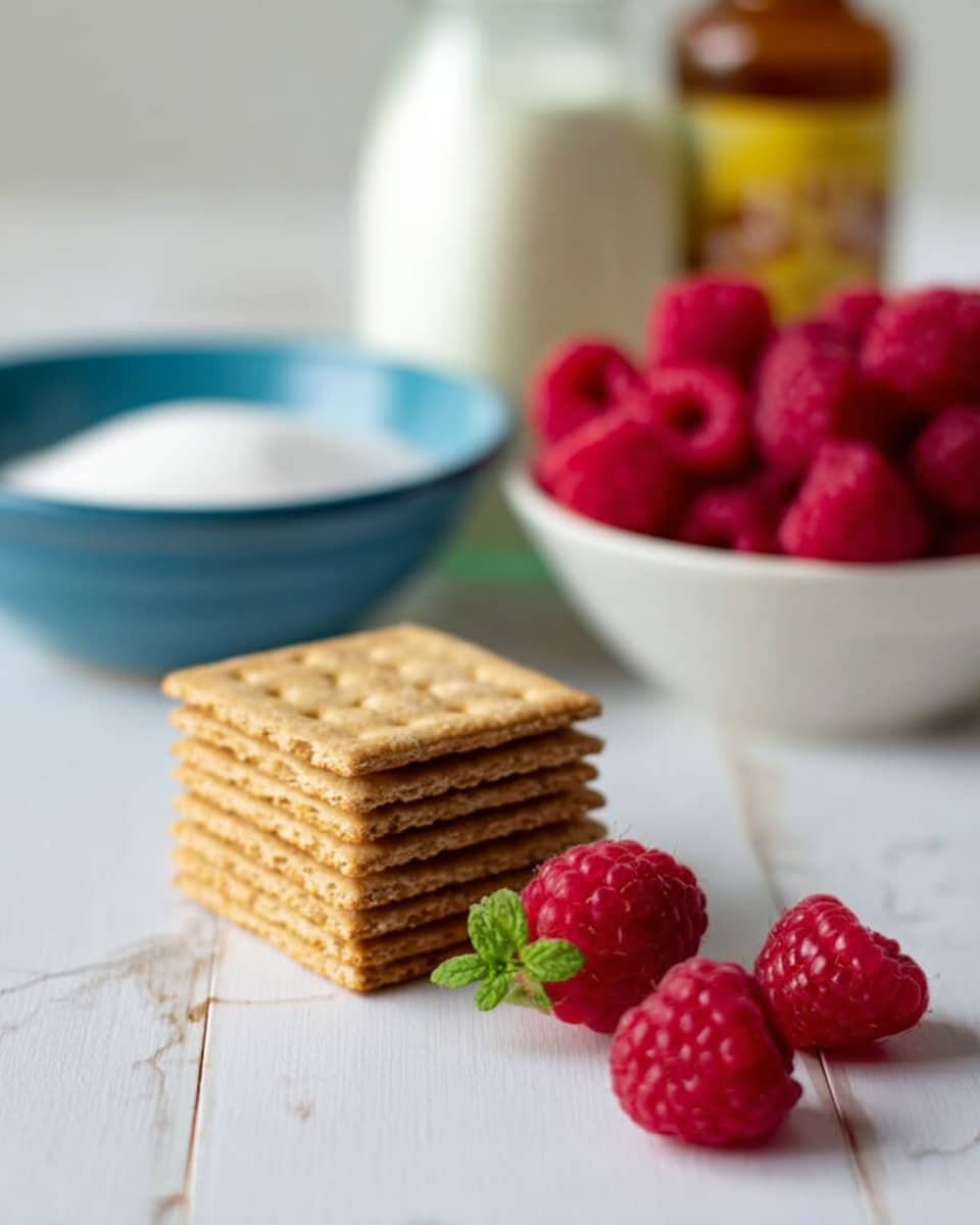 The image shows a stack of seven light brown graham cracker squares neatly placed on a white marbled surface in the foreground on the left side. In front of the stack, there are three fresh red raspberries, two lying down and one standing with a small green leafy top. Behind the stack, slightly blurred, there is a white bowl filled with bright red raspberries on the right side. To the left of that and further back is a blue bowl filled with white granulated sugar. In the background, a glass jar filled with white cream and a small brown bottle with a yellow label are visible. The scene has soft natural light and a fresh, clean look photo taken with an iphone --ar 4:5 --v 7