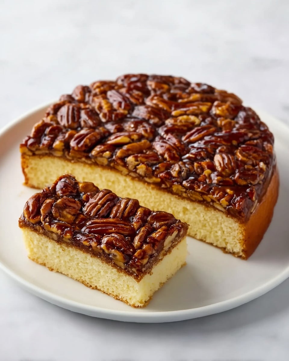 The image shows a two-layer cake on a round white plate set on a white marbled surface. The top layer is thick and covered with glossy, dark brown glazed pecans arranged tightly together, giving a rich, textured look. The bottom layer is a light golden-yellow cake with a smooth, soft texture, making a clear contrast with the darker top. One slice is cut and placed in front of the main cake, showing the clean, even layers. The lighting highlights the shiny glaze and soft cake, making the dessert look fresh and inviting photo taken with an iphone --ar 4:5 --v 7