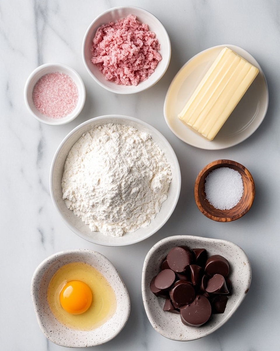 The image shows eight small white bowls and dishes placed on a white marbled surface. In the center, a bowl holds white flour with a powdery texture. Above it to the right, a stick of pale yellow butter sits directly on the surface. To the left of the flour is a small white bowl filled with crushed pink pieces. Above the pink pieces, a small white bowl contains granulated white sugar. At the bottom left, a bowl holds a raw egg with a bright yellow yolk and clear egg white. To the right of the egg, a white speckled bowl is filled with several dark brown chocolate pieces in a rounded shape. Two other small dishes, one white and teardrop-shaped and one wooden with white salt, complete the layout. The arrangement is neat and evenly spaced. photo taken with an iphone --ar 4:5 --v 7