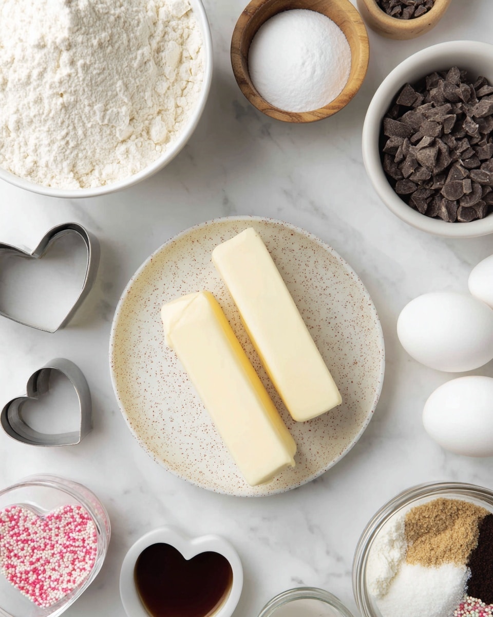 The image shows a top view of several baking ingredients placed on a white marbled surface. In the center, there is a white speckled plate with two rectangular sticks of butter side by side, their smooth, creamy texture clearly visible. Surrounding the plate, there is a large white bowl filled with white flour in the top left, a small wooden bowl with white powder inside near the top center, and a white bowl filled with dark chocolate chips in the top right. Two white eggs are positioned near the far right edge. At the bottom center, a white round container has a mix of white and brown sugar, and next to it, there is a small clear bowl with a dark liquid, likely vanilla extract. A metal heart-shaped cookie cutter is near the bottom left, along with a small glass container holding pink and white sprinkles. The scene is clean and well-organized, showing all ingredients clearly on the white marbled background. Photo taken with an iphone --ar 4:5 --v 7