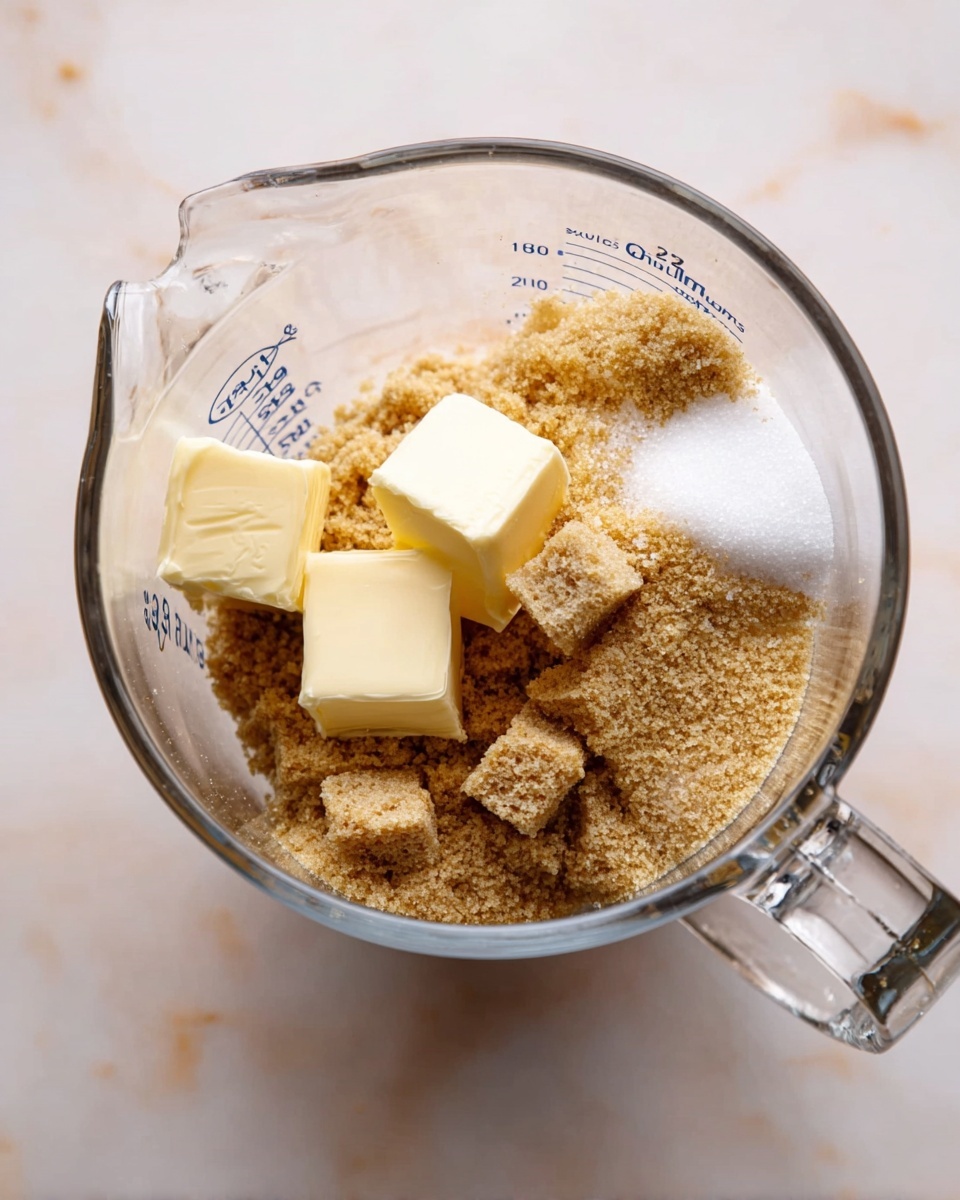A clear glass measuring cup sits on a white marbled surface, filled with a mix of ingredients. Inside, there are several small blocks of light yellow butter nestled on top of a pile of golden brown sugar, with a smaller amount of white granulated sugar resting beside the brown sugar. The measuring cup has visible volume markings on the side, and the handle is to the right. The overall colors are soft and warm, with the transparent cup allowing full view of the textured sugars and butter. photo taken with an iphone --ar 4:5 --v 7