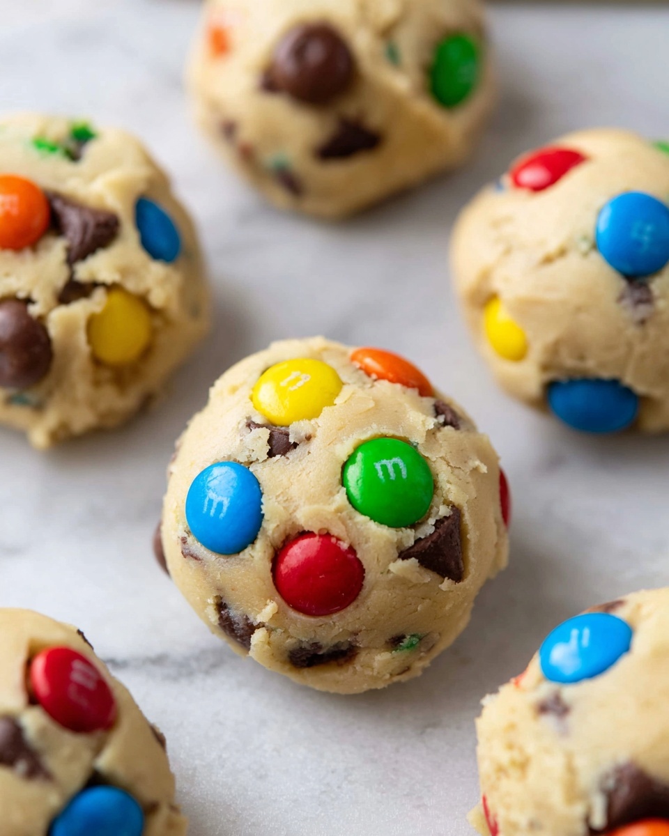 The image shows close-up of round, soft cookie dough balls placed on a white marbled surface. Each cookie ball is light beige in color with colorful candy-coated chocolates in red, blue, yellow, green, and orange embedded on top, alongside small dark brown chocolate chips scattered within the dough. The dough has a smooth but slightly grainy texture, with the candies and chips sitting mostly on the upper half, giving a playful and colorful look. The cookie balls are arranged loosely with some partially visible in the background, showing an inviting and fresh appearance. photo taken with an iphone --ar 4:5 --v 7