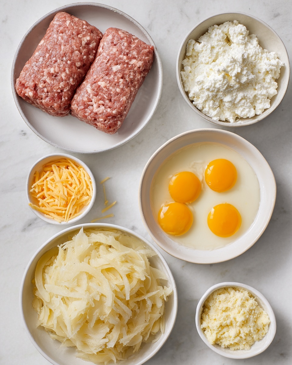 The image shows six white bowls on a white marbled surface. The top left bowl holds two thick pieces of raw ground meat with a pinkish color and textured surface. To its right, there is a bowl filled with white cottage cheese with a slightly lumpy and creamy texture. Below the meat bowl, a larger bowl is filled with pale yellow shredded potatoes that look fresh and slightly moist. To the right of the shredded potatoes, a bowl contains raw eggs with bright yellow yolks surrounded by clear egg whites. At the bottom right, a small bowl has a light yellow ingredient with a crumbly texture, and next to it on the left, a small bowl holds shredded orange cheese. Photo taken with an iphone --ar 4:5 --v 7