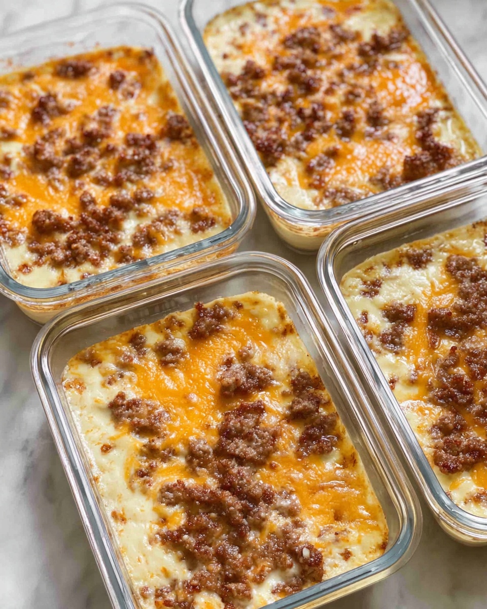 The image shows four white rectangular glass containers filled with a baked dish. Each container has a bright orange melted cheese layer sprinkled on top, mixed with crumbled browned meat pieces scattered unevenly. The base beneath the cheese and meat looks creamy and pale yellow, with a slightly bubbly texture. The containers are placed closely together on a white marbled surface that contrasts softly with the warm tones of the food. The photo taken with an iphone --ar 4:5 --v 7