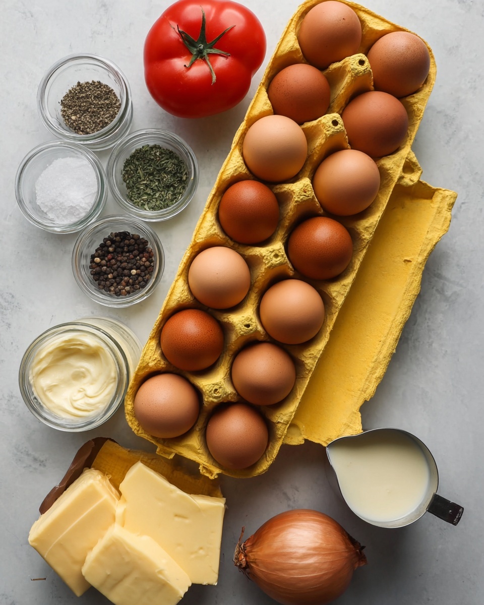 The image shows two rows of brown eggs placed neatly in a yellow carton from above. To the top left of the eggs, there are two red tomatoes with smooth skin. Around the eggs carton are small glass jars and containers holding herbs, black pepper, and salt. On the bottom right side of the carton, there are two blocks of yellow butter, one large and one smaller piece placed on a white marbled surface. Near the bottom, there is a whole brown onion and a silver measuring cup filled with cream. The overall setup is arranged on a white marbled surface. Photo taken with an iphone --ar 4:5 --v 7