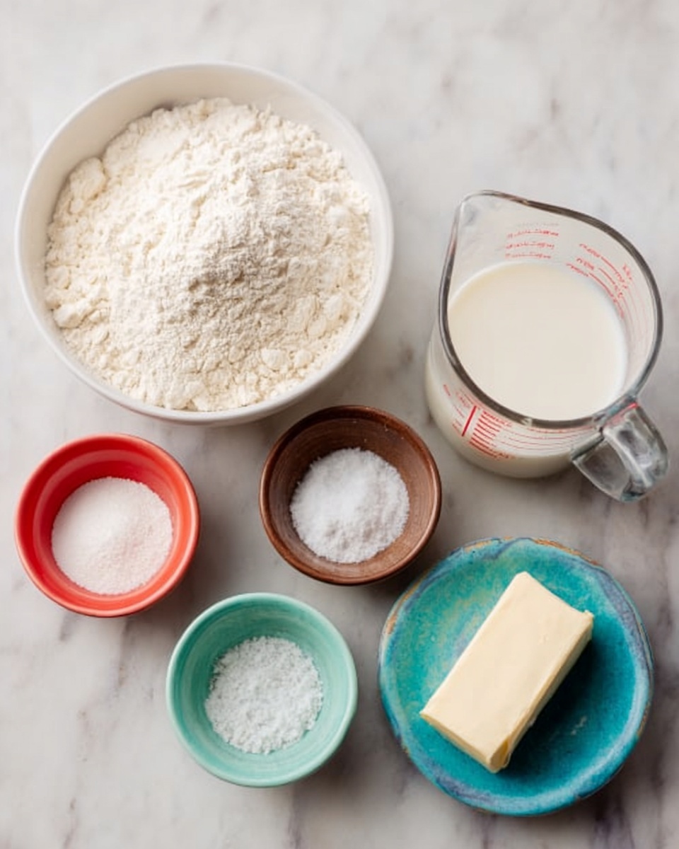 The image shows six small bowls and a measuring cup arranged neatly on a white marbled surface. In the center, there is a white bowl filled with a light powdery ingredient that looks like flour. To the right, a clear glass measuring cup is filled nearly to the top with a white liquid that looks like milk. Below the bowl of flour, there is a white stick of butter with a paper wrapper. Surrounding these main items, there are four smaller bowls in colors red, brown, light green, and turquoise, each holding different white powders and granules. The overall scene is clean and organized, with natural light shining softly on the ingredients photo taken with an iphone --ar 4:5 --v 7