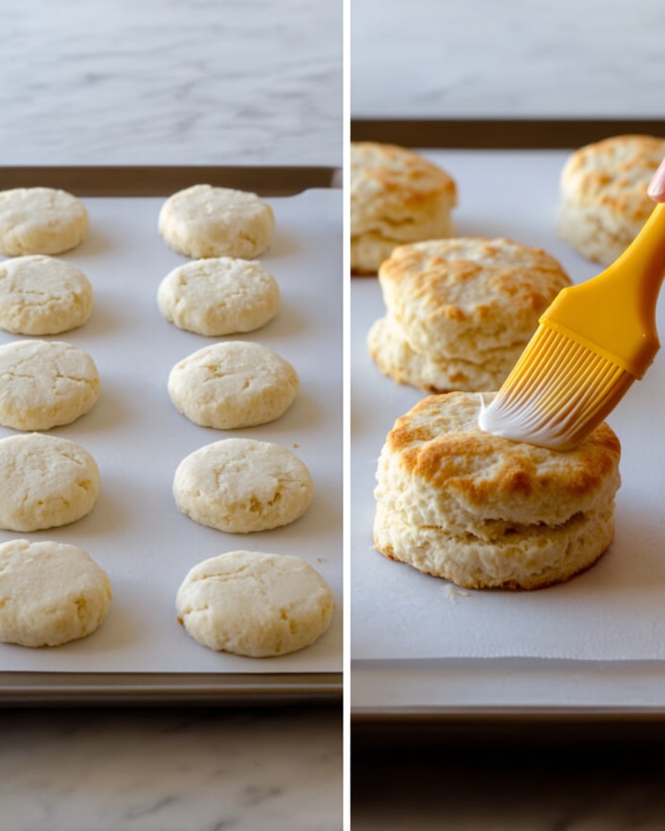 The image shows two views of biscuit dough on a white baking tray. The left side has a tray with ten round, pale biscuit dough pieces evenly spaced on a white marbled surface. The dough looks soft and smooth, with some small cracks on top. On the right side, there is a close-up of three baked biscuits that are golden brown on top with a slightly rough texture and layered sides. A woman's hand holds a yellow brush softly applying a glaze on the biscuit's top, with the white marbled surface in the background. Photo taken with an iphone --ar 4:5 --v 7