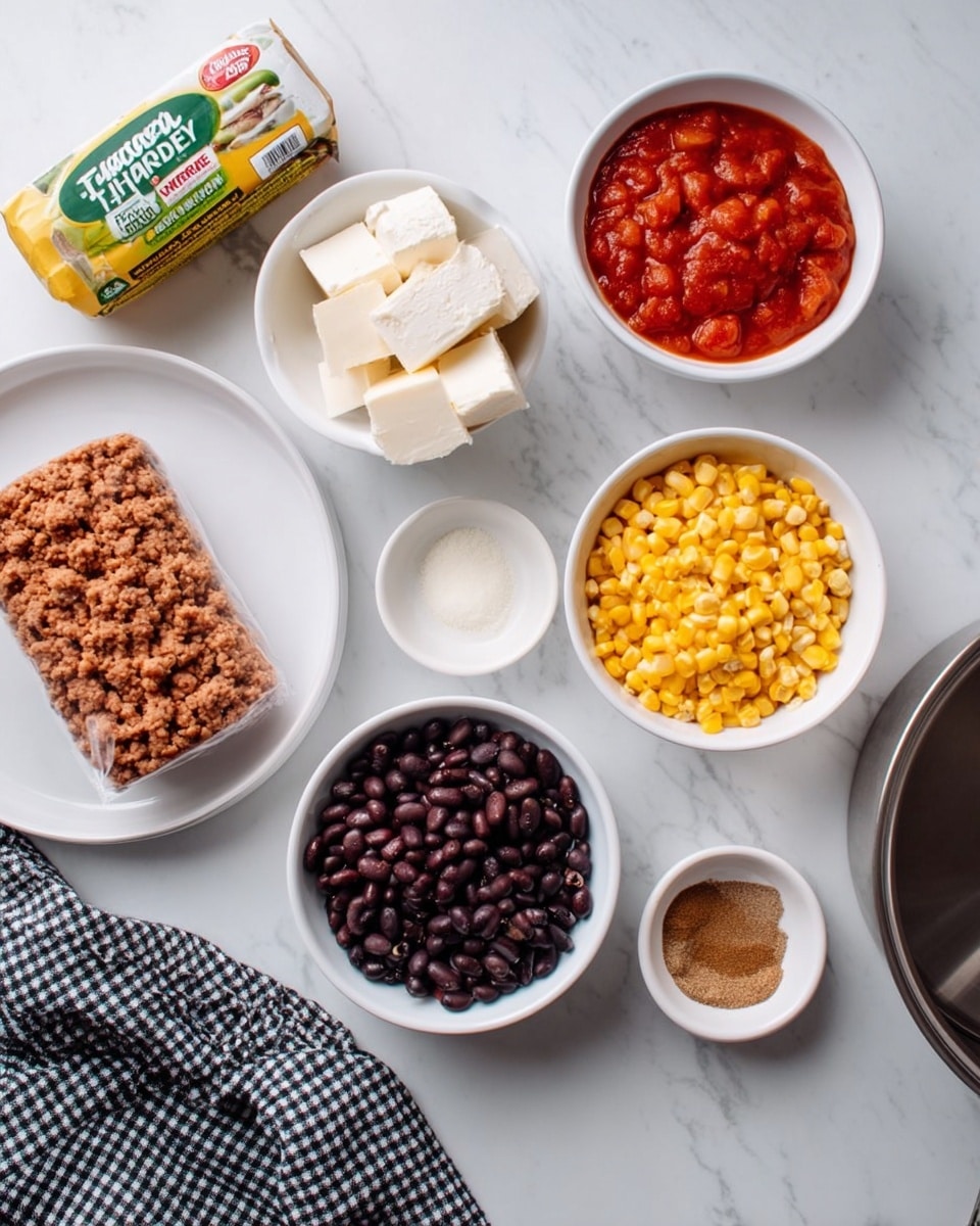 The image shows various cooking ingredients laid out on a white marbled surface. There is a white plate holding a wrapped roll of ground turkey. Surrounding it are six white bowls arranged loosely in a semicircle. The top bowls contain a block of cream cheese, light brown cooked beans, and diced tomatoes in red sauce. Two bowls below hold bright yellow corn and dark black beans. One small white bowl contains a brown powdered spice. To the right is a shiny empty silver cooking pot and part of a black and white checkered cloth napkin. The scene is clean and simple, with all elements clearly visible and neatly arranged. Photo taken with an iphone --ar 4:5 --v 7