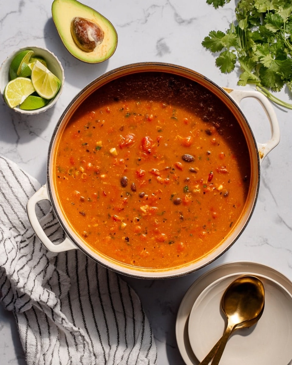 The image shows a large white pot filled with thick orange-red soup with visible beans and small chunks of tomatoes, sitting on a white marbled surface. To the left of the pot, there is a halved avocado with its seed showing and a small white bowl filled with lime wedges and some green cilantro leaves on the side. Next to the pot on the right, there are two stacked white plates with a golden spoon resting on top. A white cloth with black stripes is partially visible under the pot and plates. The lighting is soft and natural, highlighting the creamy texture of the soup. Photo taken with an iphone --ar 4:5 --v 7