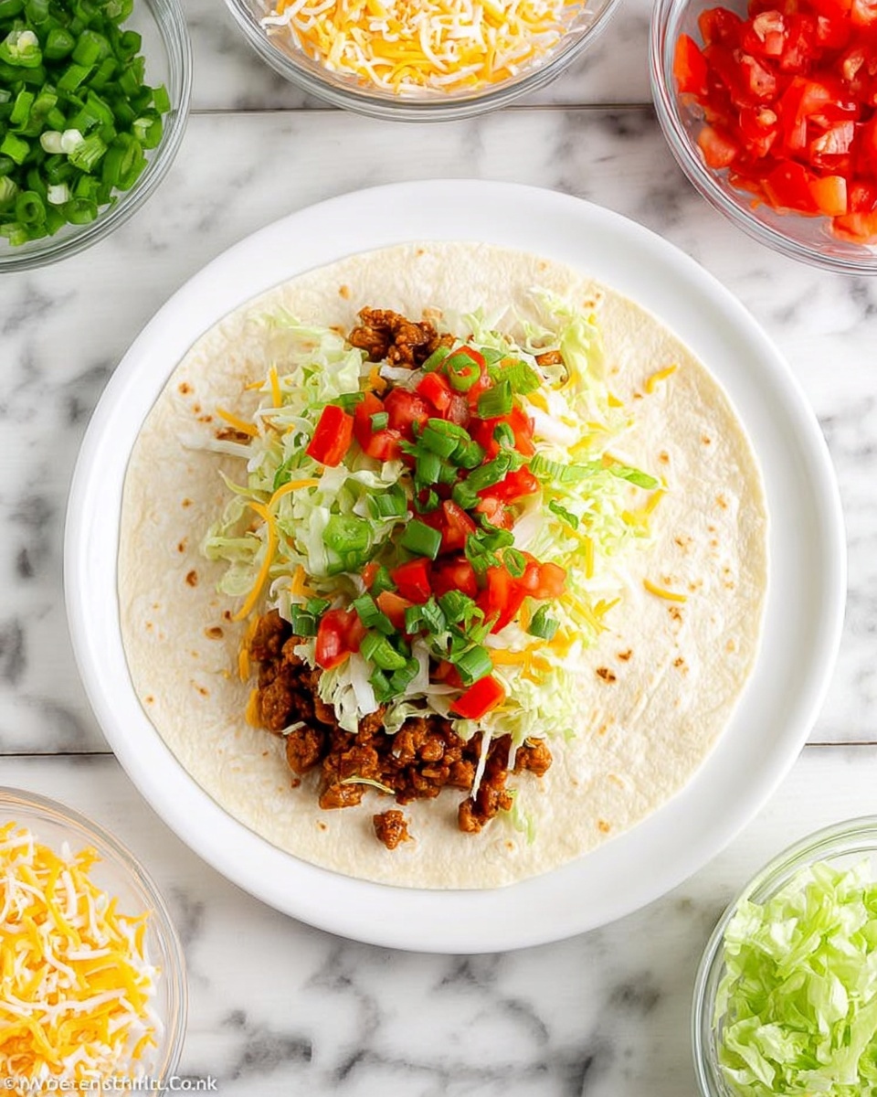 A white plate holds a soft light beige tortilla as the base. On top, there is a layer of shredded yellow and white cheese, partially melted. Above the cheese, there is a layer of browned cooked meat evenly spread. On top of the meat, chopped bright red tomatoes and shredded light green lettuce are scattered. Finally, chopped green onions and fresh cilantro leaves are sprinkled on the very top. The plate is set on a white marbled surface with clear glass bowls of shredded cheese, chopped green onions, chopped tomatoes, and shredded lettuce visible around it. Photo taken with an iphone --ar 4:5 --v 7