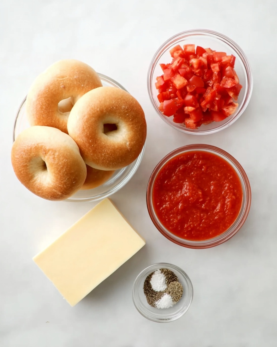 The image shows a top view of five fresh plain bagels placed in a clear glass bowl positioned at the bottom left side. Above the bagels, there is a smaller clear glass bowl filled with bright red diced tomatoes. To the right of the tomatoes, there is a clear glass bowl filled with red tomato sauce with a slightly chunky texture. Below and slightly to the right of the sauce, there is a rectangular block of pale yellow cheese resting on a white marbled surface. At the bottom center, a small clear glass bowl contains a mix of black pepper and salt with a distinct swirl pattern on the surface. All items are arranged on a white marbled background, creating a clean and simple look. photo taken with an iphone --ar 4:5 --v 7