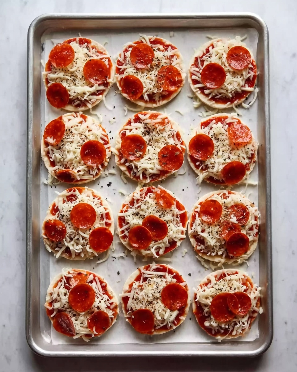 Twelve small round pizza bases are evenly placed on a metal baking tray lined with white paper, all resting on a white marbled surface. Each pizza has two layers: a base layer of shredded white cheese with a slightly loose texture and an uneven sprinkle of small black seasoning flakes on top, followed by bright red pepperoni slices scattered on the cheese in irregular patterns. The pizzas appear ready to be baked. Photo taken with an iphone --ar 4:5 --v 7