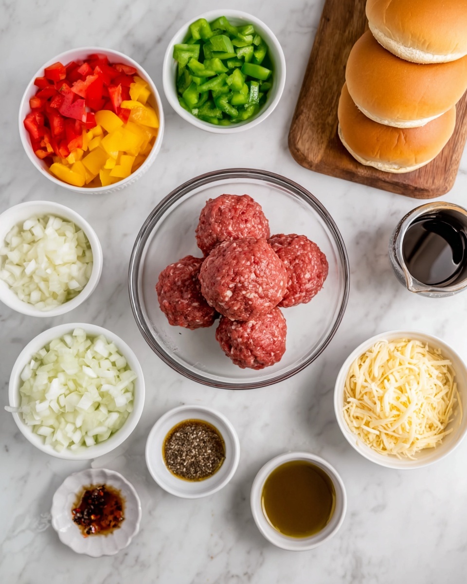 The image shows a clear glass bowl in the center with four raw red meatballs stacked inside. Surrounding it are small white bowls filled with colorful ingredients: diced red and yellow bell peppers, chopped green bell pepper, and shredded white cheese. Another white bowl has chopped white onions. There are also tiny white bowls holding dark brown sauce, black pepper, minced garlic, and a reddish-brown paste. Two small white bowls contain soy sauce and olive oil. On one side, a wooden board holds four soft, golden-brown hamburger buns stacked casually. The entire setup is placed on a white marbled surface. Photo taken with an iphone --ar 4:5 --v 7