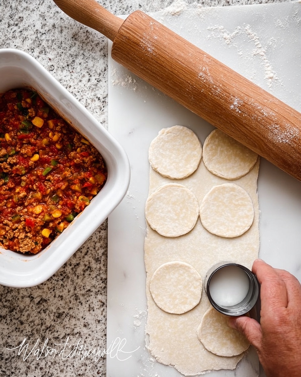 The image shows a white dish on the left side filled with a colorful mixture of chopped vegetables and ground meat in a red sauce. To the right, there is a wooden rolling pin with some flour on it resting on a white marbled surface. Next to the rolling pin, a sheet of dough is rolled out flat with four round shapes cut out evenly. A woman's hand is holding a round cutter, pressing it into the dough to shape the circles. The overall setting suggests preparation of a filled dough dish, with contrasting textures of soft dough and chunky filling. photo taken with an iphone --ar 4:5 --v 7