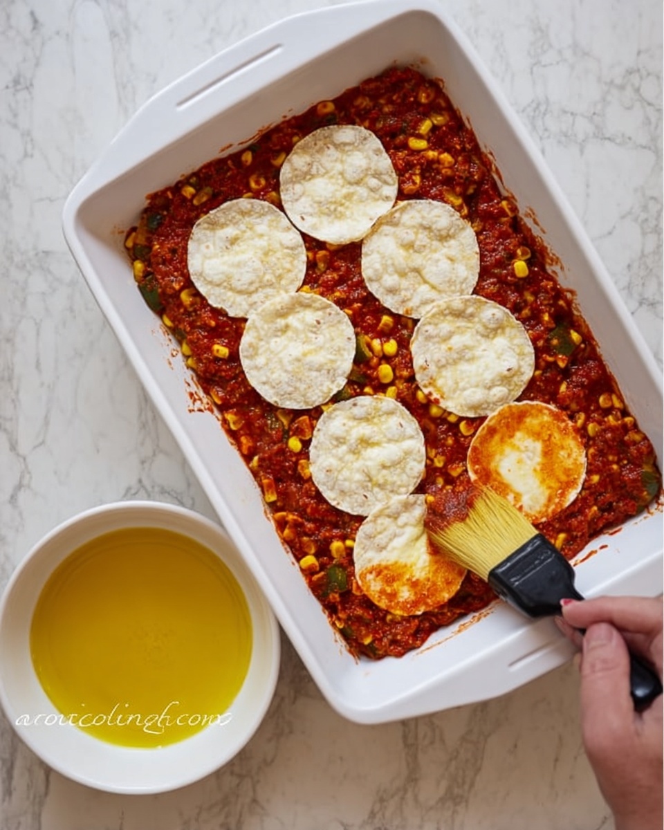 A white rectangular dish filled with a thick red sauce mixed with yellow corn and green peppers, spread evenly as the base layer; on top, two rows of round, pale tortillas are placed, with one row partially brushed with a yellow liquid by a woman's hand holding a black brush; next to the dish is a white bowl filled with the same yellow liquid; the scene is set on a white marbled surface photo taken with an iphone --ar 4:5 --v 7
