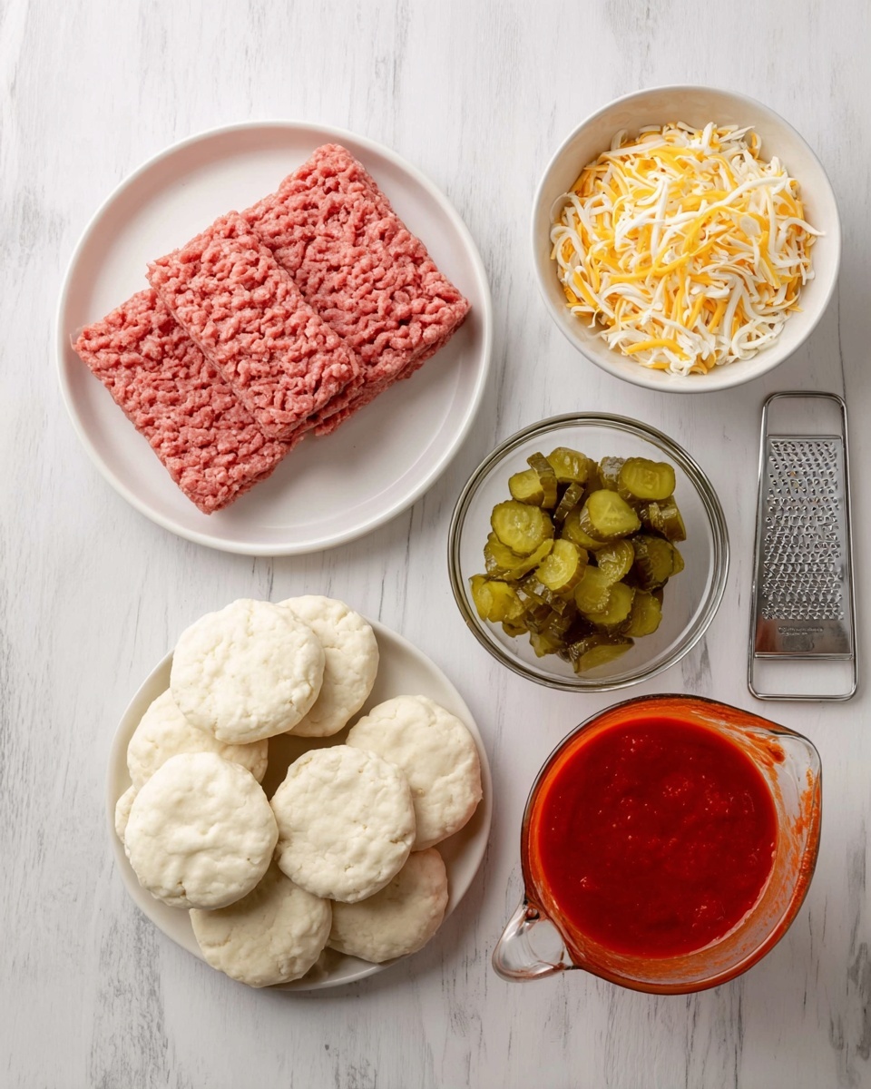 The image shows five food items on a white marbled surface. In the upper left, two rectangular layers of raw ground meat, pink and textured, sit stacked on a white plate. Below that, there is a small clear glass bowl filled with chopped green pickles, uneven in size and moist. To the right of the pickles, a white plate holds a neat stack of eight round white biscuit dough pieces, slightly puffy and smooth. Above the biscuit plate, a white bowl contains a mix of yellow and white shredded cheese, with a metal grater resting partially on the bowl. On the bottom right, a clear glass measuring cup filled about halfway with bright red tomato sauce is present, showcasing a smooth and slightly thick texture. photo taken with an iphone --ar 4:5 --v 7