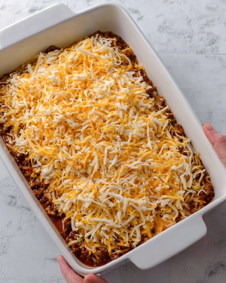 The image shows a white rectangular baking dish filled with a layered casserole. The bottom layer is a mix of cooked ground meat in a dark brown color, topped with a thick layer of sauce visible between the meat and cheese. On top of this is a thick layer of mixed shredded cheese, with shades of orange and pale yellow, spread evenly across the entire surface. The dish sits on a white marbled surface, and a woman's hand is gently holding the edge of the baking dish. Photo taken with an iphone --ar 4:5 --v 7