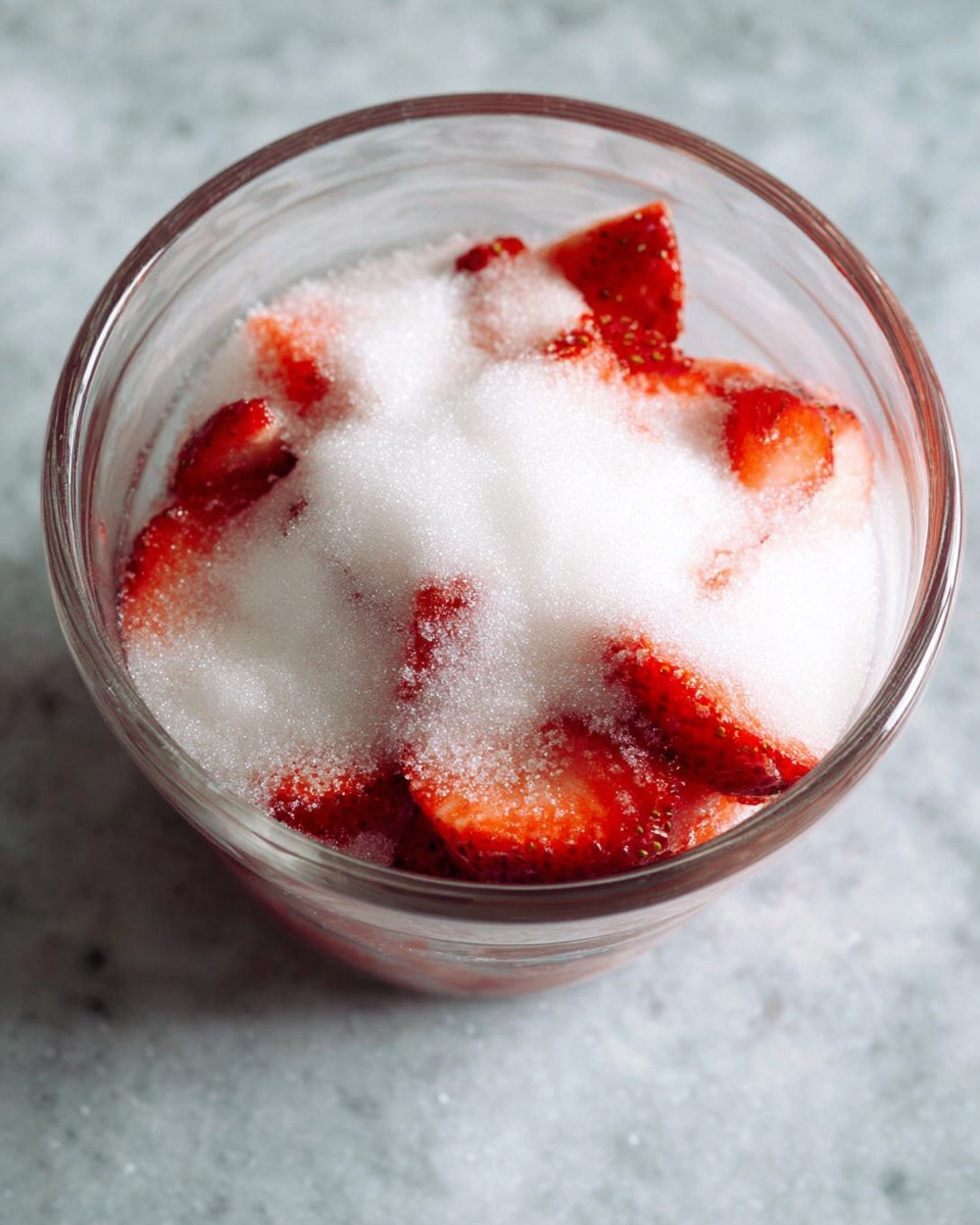 A clear glass bowl is filled with two layers: the bottom layer has bright red strawberry slices with a juicy texture, and the top layer is a thick white pile of granulated sugar covering most of the strawberries, with some red pieces peeking through. The bowl sits on a white marbled surface. photo taken with an iphone --ar 4:5 --v 7