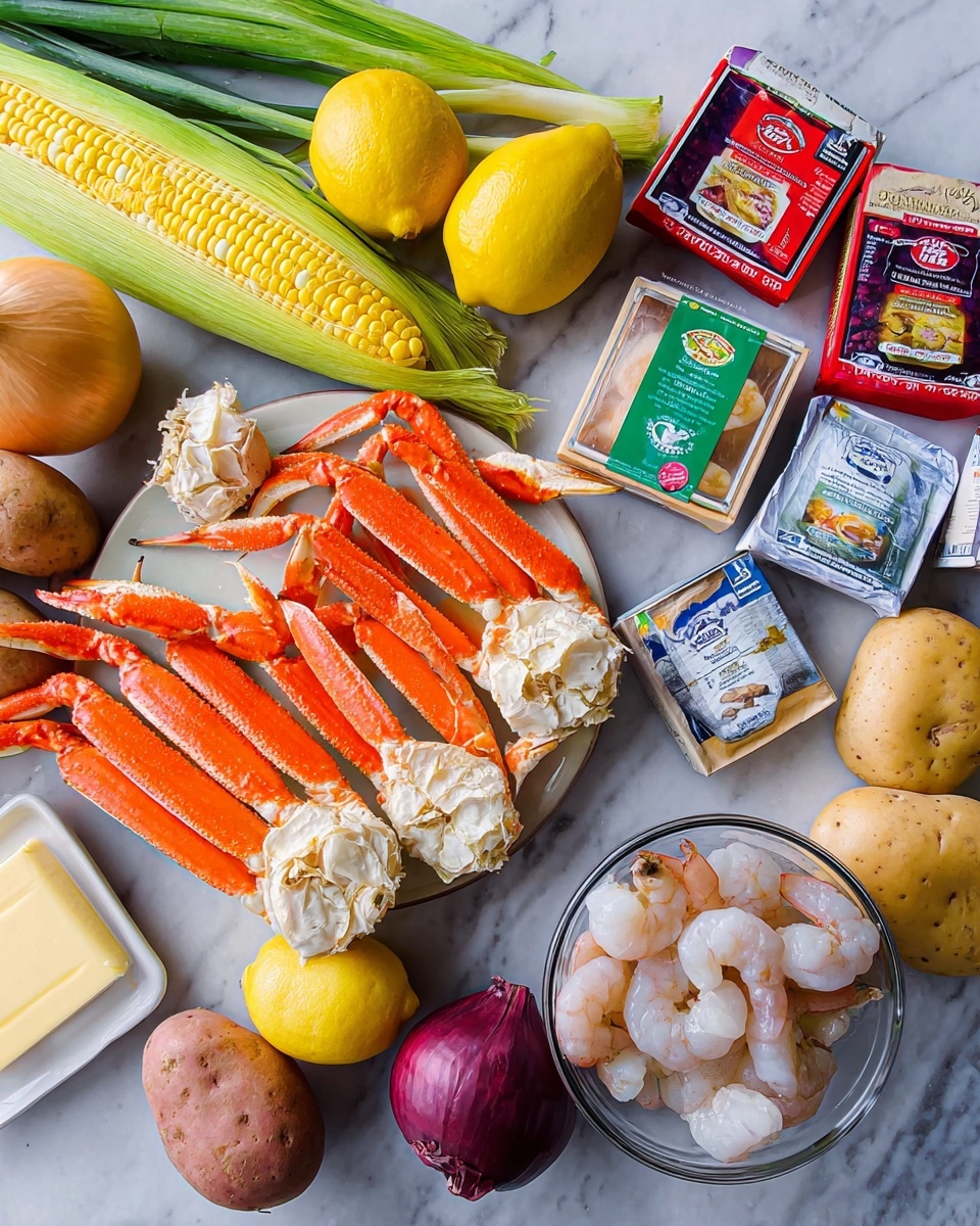 The image shows fresh seafood and ingredients arranged on a white marbled surface. In the center, there are bright orange crab clusters with creamy white inside. To the right, there is a clear glass bowl filled with raw white shrimp. Near the top left corner, there is a large yellow onion and two bright yellow lemons. Above them, there are two green corn ears with husks still attached. Also on the left side, there are three potatoes of brown and purple shades. In the top right area, there are seasoning packets in red, green, and white colors with visible text and logos. A block of pale butter is placed on the far left side. The photo taken with an iphone --ar 4:5 --v 7