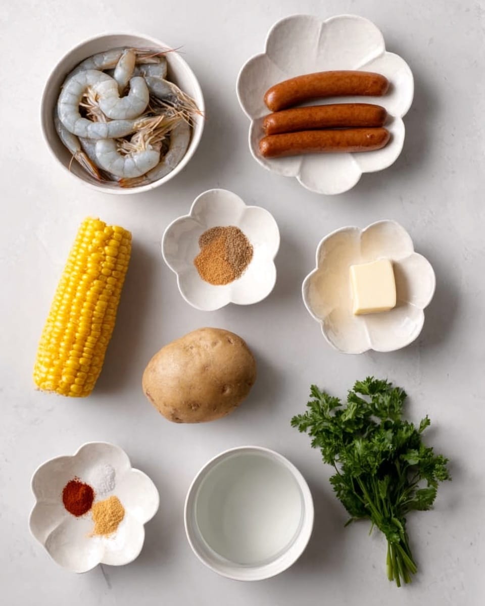 A top-down view showing nine separate white dishes and items arranged neatly on a white marbled surface. At the top left, peeled raw shrimp with shells on rest in a small white bowl. To the right, two brown sausages lie side by side in a white flower-shaped dish. Below left, a whole cob of yellow corn is positioned next to a single light brown potato below it. Center-right, a small white bowl with a brownish-red spice sits. Below this, to the left, another white flower-shaped dish holds a reddish-brown spice. Next to it on the right, a small white bowl contains a stick of pale yellow butter. Near the bottom center, a small bunch of fresh green parsley rests. At the bottom right, a white bowl filled with clear water completes the arrangement. All items are spread out evenly on the smooth white marbled surface photo taken with an iphone --ar 4:5 --v 7