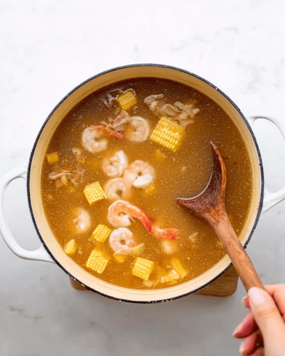 A white pot filled with a light brown broth containing several small, circular corn pieces floating on the surface. There are also a few pinkish shrimp with shells in the broth, visible on different sides. A wooden spoon is stirring the soup from the bottom right corner, held by a woman's hand. The pot is resting on a white marbled surface. photo taken with an iphone --ar 4:5 --v 7