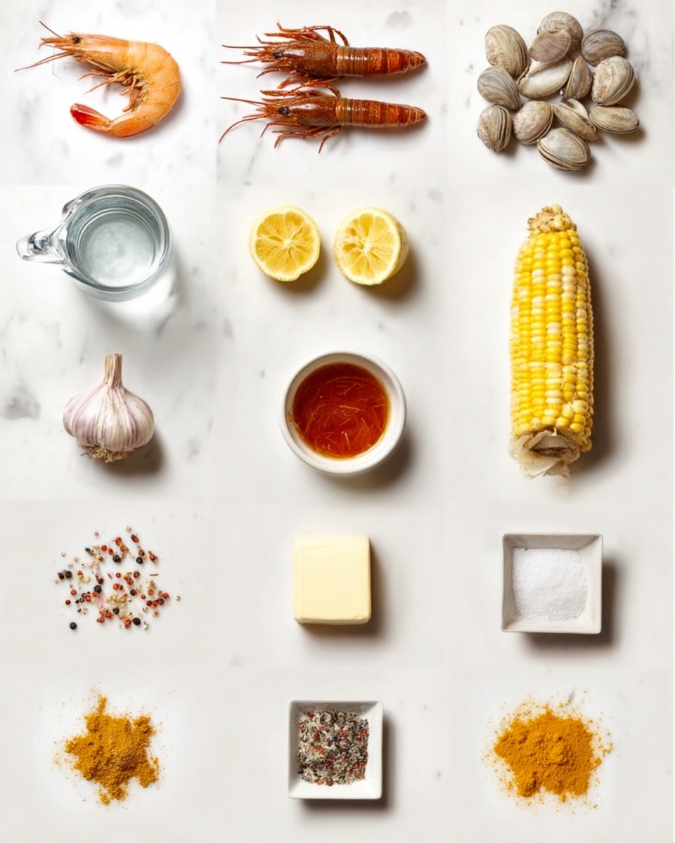 The image shows a neat grid of fifteen food items on a white marbled surface, all spaced evenly. Starting from the top left, there is a single shrimp with a light brown shell. Next to it, two small lobsters are placed side by side, showing reddish-brown shells. On the top right, a small pile of round clams or shellfish with beige and brown tones is visible. The second row begins with a glass pitcher of clear water on the left. In the middle, two lemon halves are positioned cut side up, showing bright yellow flesh. On the right, two small ears of corn with yellow kernels and green husks are placed vertically, alongside a solid block of pale yellow butter. The third row features a bulb of garlic with light purple skin on the left. In the center, a small white bowl filled with red sauce is seen. To the right, a small white bowl with golden-brown crumbs is shown, next to a small heap of orange-yellow turmeric powder. The bottom row shows a small pile of red chili flakes on the left, a heap of black pepper in the middle, and a square white bowl filled with white salt crystals on the right. The overall look is clean and bright. Photo taken with an iphone --ar 4:5 --v 7