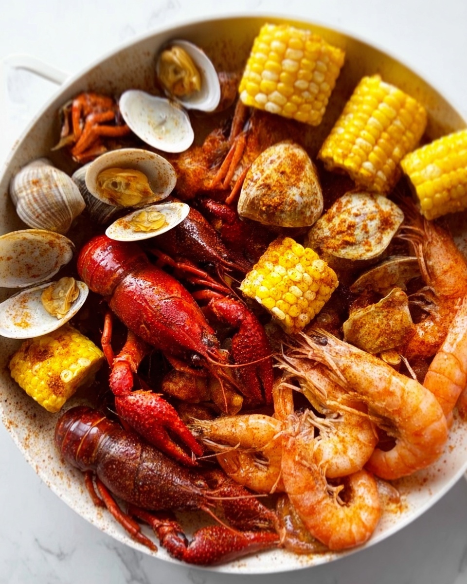 A close-up view of a large white pan filled with a vibrant seafood boil. The dish has several layers: at the bottom, red crawfish with detailed shells, followed by bright orange shrimp with visible legs and tails, and golden corn on the cob cut into small rounds with light brown seasoning on top. Small clams with open shells can be seen scattered throughout. The seafood and corn are coated with a shiny, spiced seasoning that gives a slightly oily texture, making the colors pop. The background is a white marbled texture. photo taken with an iphone --ar 4:5 --v 7