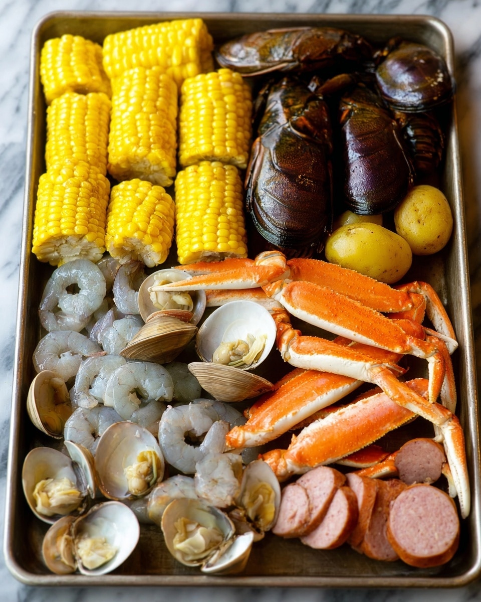 A metal tray filled with a colorful seafood boil, divided into several sections: bright yellow corn on the cob pieces stacked in the top left corner with a bumpy texture; dark brown lobster tails placed near the center with a shiny, segmented shell; grayish raw shrimp with a smooth, curved texture arranged in the bottom left; pale clams and white-gray shells clustered in the top center right; orange crab legs with white joints in the top right corner; small yellow potatoes with smooth skins next to the clams; and thick slices of light pink sausage along the right edge. The tray is set on a white marbled surface. Photo taken with an iphone --ar 4:5 --v 7