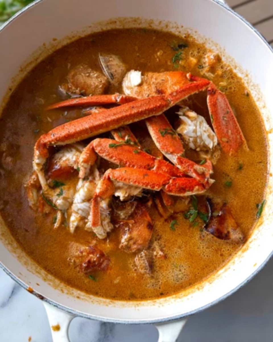 The image shows a white bowl filled with a rich orange-brown soup. Inside the soup, there are several crab legs with a reddish color placed on top, some partially submerged. There are visible chunks of crab meat and other seafood pieces immersed in the broth. The broth looks thick and creamy, with an oily sheen on the surface. The bowl is placed on a white marbled surface. Photo taken with an iphone --ar 4:5 --v 7