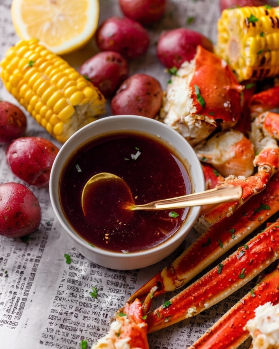 The image shows a close-up view of a white bowl filled with dark red sauce, with a golden spoon resting on the bowl’s edge. Around the bowl are bright red potatoes with bits of green herb on them, orange crab legs with white parts, and a yellow corn on the cob. The food is placed on white marbled textured surface covered with newspaper. There is also a lemon wedge in the background adding a touch of yellow. The textures of the crab legs are rough and spotted, the potatoes are smooth and shiny, and the corn has a bumpy surface. Photo taken with an iphone --ar 4:5 --v 7