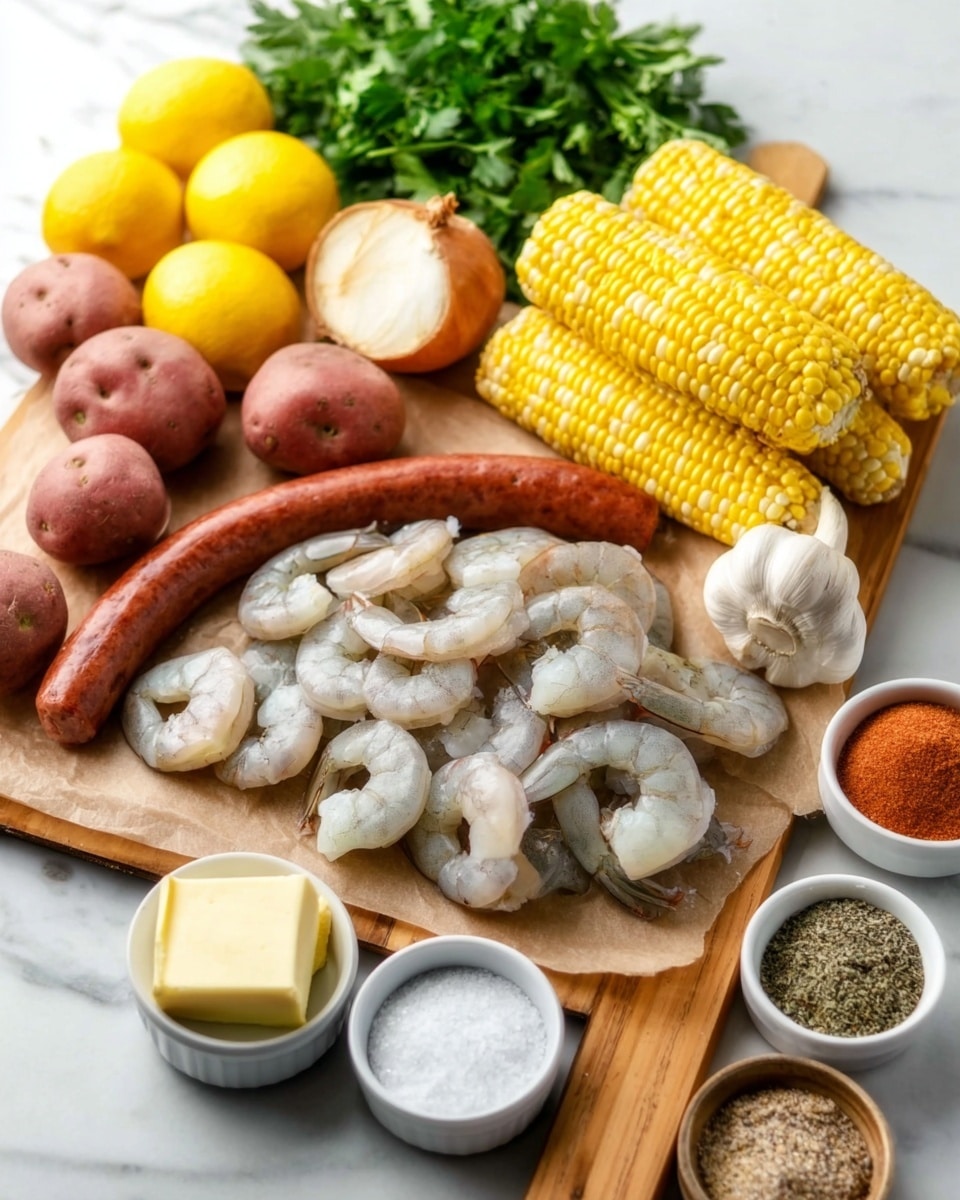 The image shows a wooden cutting board placed on a white marbled surface. On the board, there is a layer of raw shrimp, light grey with a moist texture, spread out in the front center. Behind the shrimp, there are small red potatoes on the left side, smooth and round. To the right of the potatoes, there are two whole heads of garlic with a dry, papery skin. Along the back edge of the board, a long, curved smoked sausage, dark reddish-brown in color, rests. To the right of the board, there are three ears of yellow and white corn stacked on top of each other. On the far left side near the back, there are bright yellow lemons, some cut side down and others whole, with a bunch of green parsley behind them. Small white bowls sit around the board; one contains coarse salt, one has mixed black and white peppercorns, and another holds a reddish-brown spice powder. A woman's hand with a butter knife is seen in the top left corner holding a stick of pale yellow butter. The background surface is white marble. Photo taken with an iphone --ar 4:5 --v 7