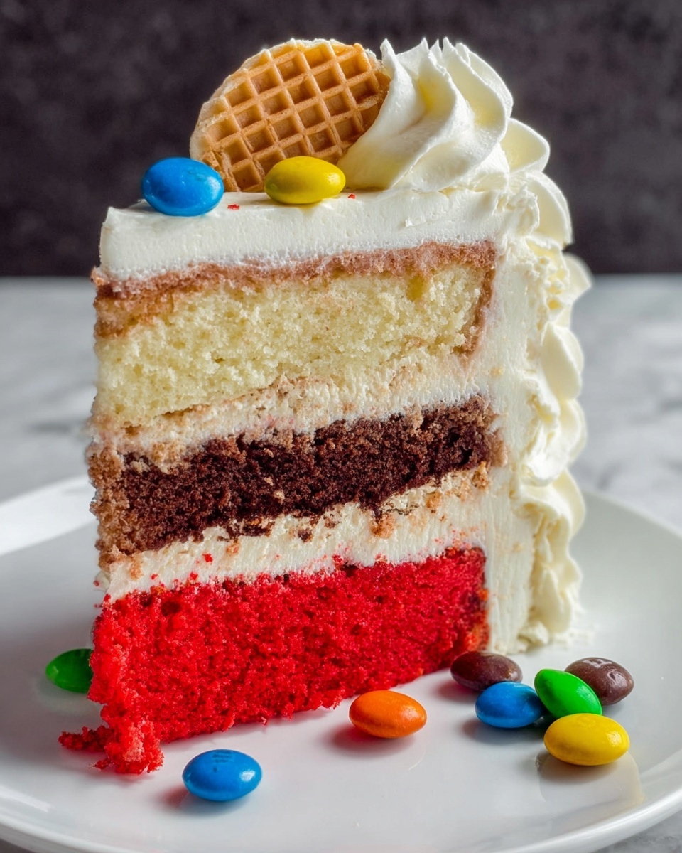 A tall slice of three-layer cake sits on a white plate with a white marbled surface underneath. The bottom layer is dark brown with a slightly crumbly texture, the middle layer is bright red with a soft texture, and the top layer is light beige, looking fluffy and moist. Each layer is separated by a thin layer of white frosting. The top of the cake is covered in smooth white frosting with a swirl of piped white cream near the back edge. A small waffle piece is placed upright on the top center. Colorful candy-coated chocolates in blue, orange, green, yellow, and dark brown are scattered around the plate. Photo taken with an iphone --ar 4:5 --v 7