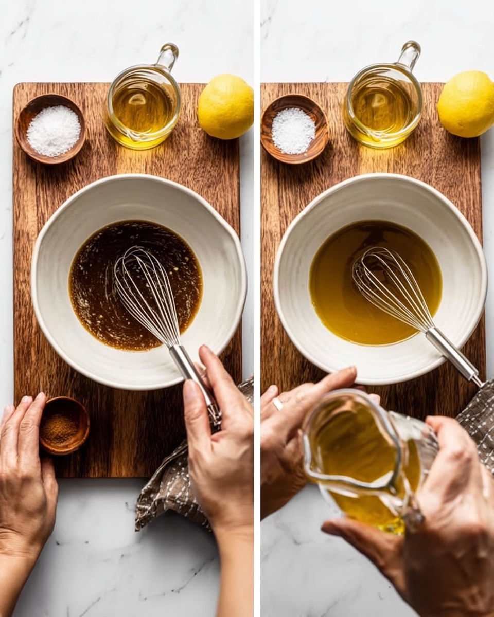 The image shows two side-by-side photos of a woman's hands mixing ingredients in a white ceramic bowl placed on a wooden cutting board atop a white marbled surface. In the left photo, the bowl contains a dark brown liquid with visible texture, and the woman’s right hand holds a small whisk stirring the mixture, while her left hand steadies the bowl. Around the cutting board are small wooden bowls with white salt and a brown spice, a small glass pitcher of golden yellow oil, and half a bright yellow lemon. In the right photo, the woman's left hand is pouring oil from the glass pitcher into the bowl while her right hand continues whisking the dark liquid inside the white bowl. The scene is well lit, giving a fresh and clean cooking vibe. Photo taken with an iphone --ar 4:5 --v 7