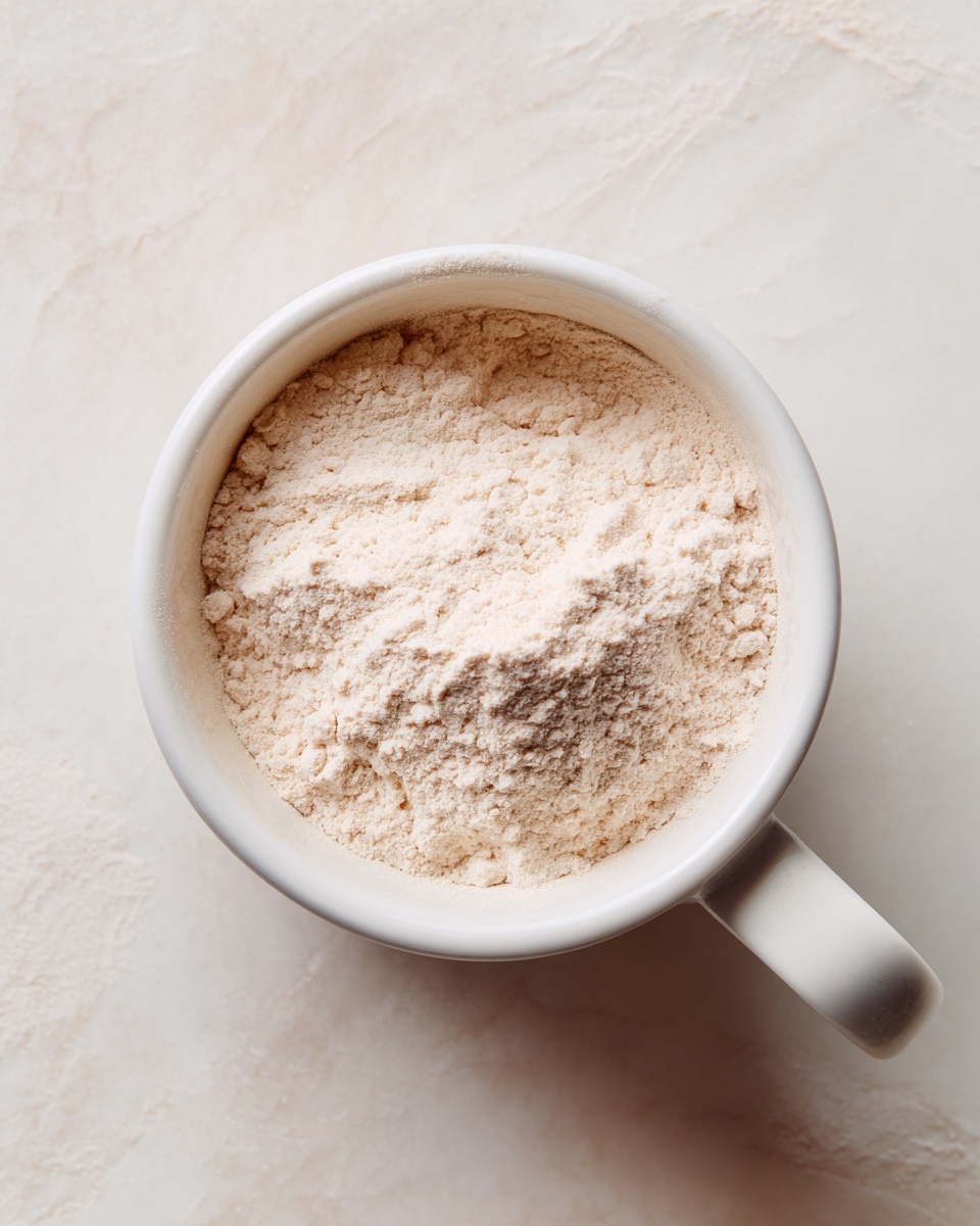 A white cup filled with a soft, light beige powder sitting on a white marbled surface. The powder looks fluffy and smooth, almost like flour or powdered sugar, filling the cup about halfway. The cup has a rounded shape with a handle on the side, and the white marbled surface underneath adds a clean, bright background to the simple scene. photo taken with an iphone --ar 4:5 --v 7