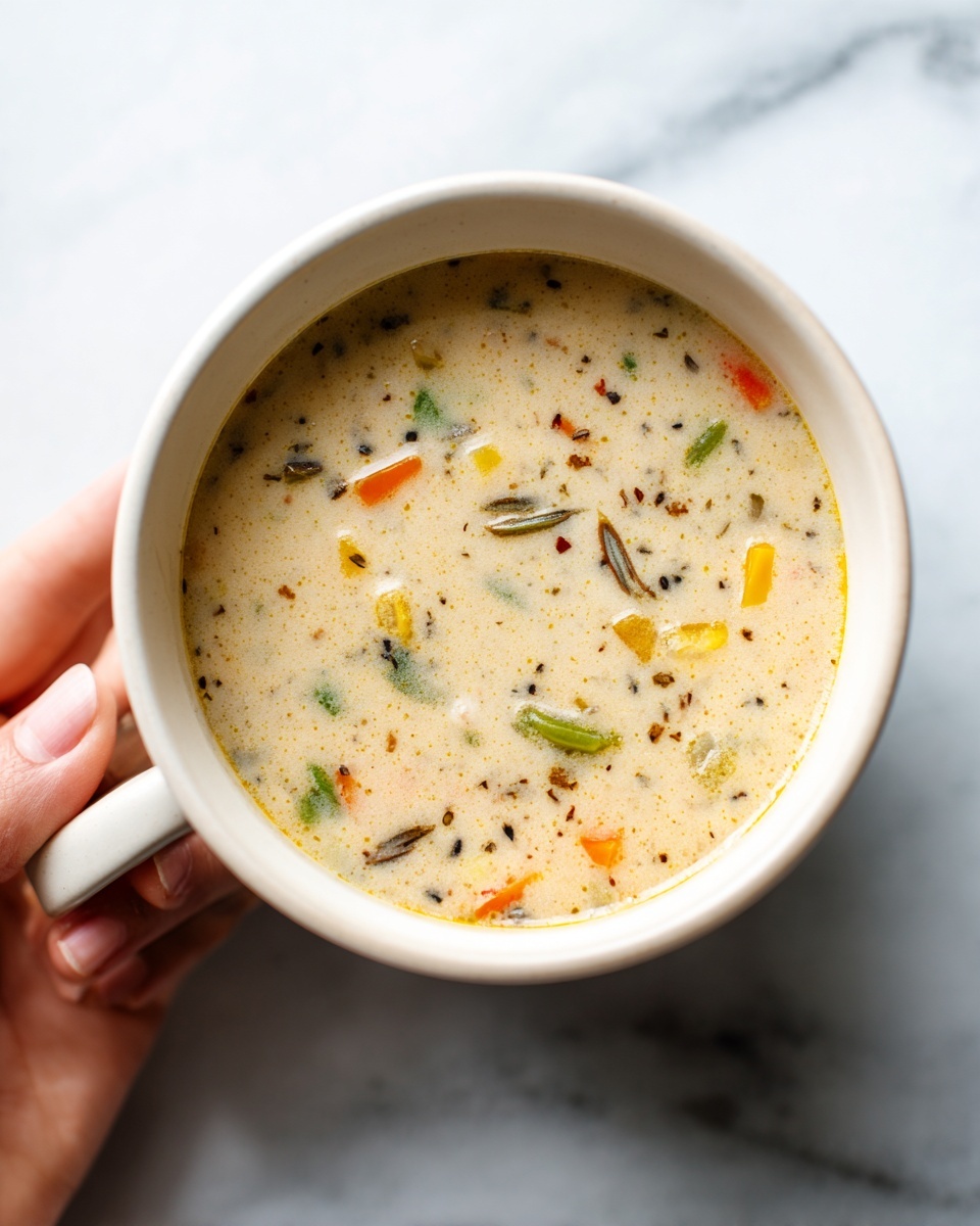 The image shows a large white mug filled with a creamy soup that has a light beige base. Inside the soup, there are small pieces of colorful vegetables or ingredients floating throughout, including bits of green, orange, yellow, and darker colors, giving it a mixed and textured look. The mug is placed on a white marbled surface, and a woman's hand holds the side of the mug gently from the left. The scene is bright and clear, suggesting natural light. photo taken with an iphone --ar 4:5 --v 7
