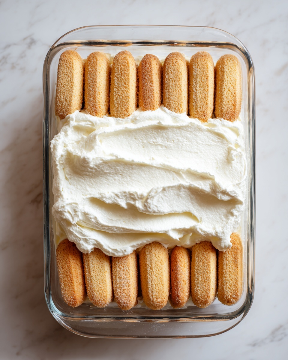 This image shows a clear rectangular glass dish placed on a white marbled surface, with two visible layers of light tan, oblong ladyfinger cookies neatly arranged at the bottom. On top of the ladyfingers, there is a thick, fluffy layer of white whipped cream spread unevenly in the center. The ladyfingers have a slightly granular texture and are consistently lined up in two rows within the dish. The whipped cream has a smooth, airy texture with soft peaks. Photo taken with an iphone --ar 4:5 --v 7
